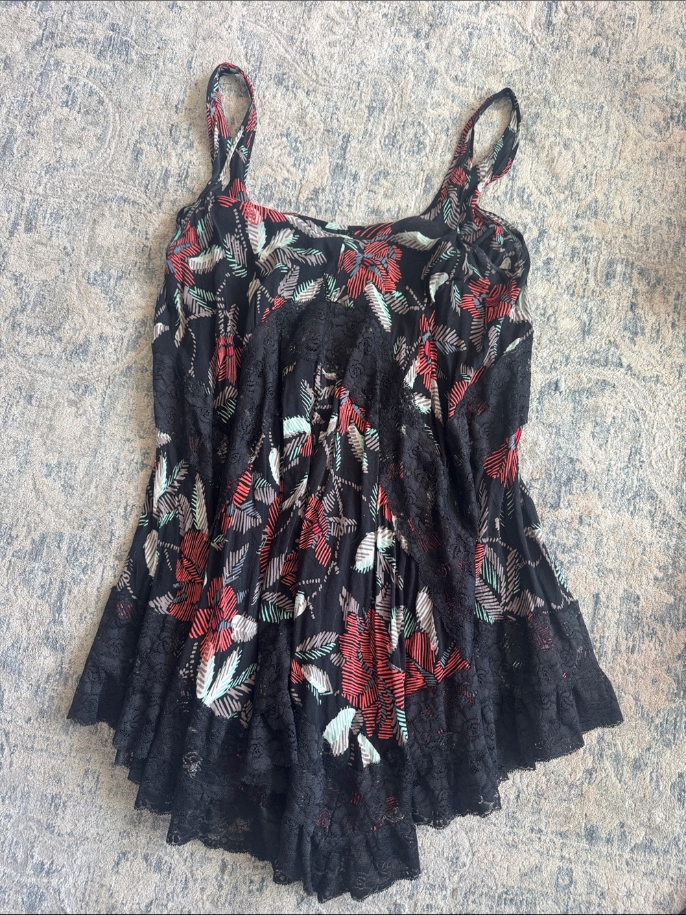 Free People Black Floral Lace-Trim Camisole dress with Red & Mint Print